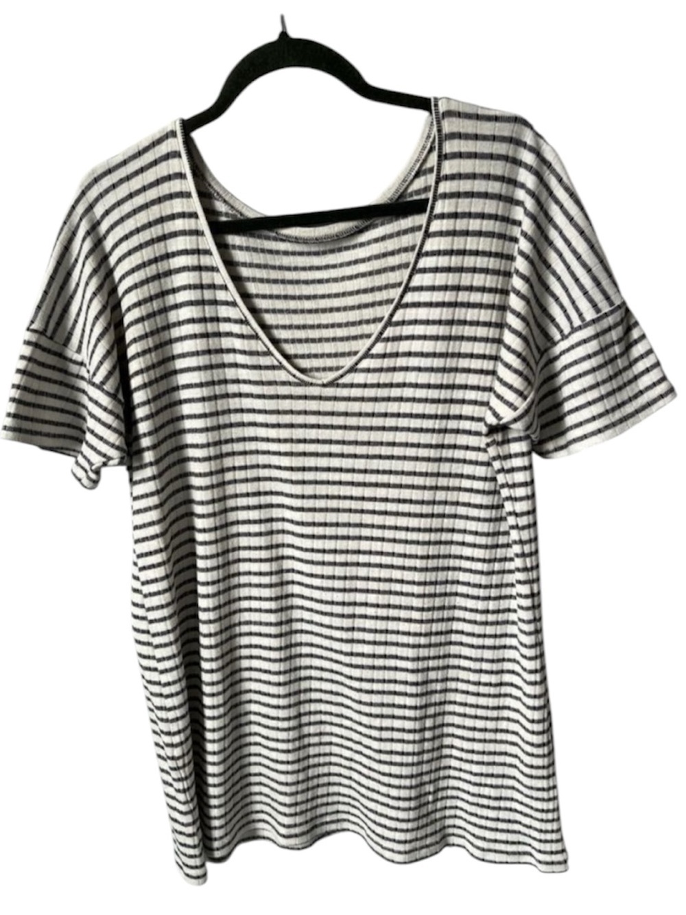 Zara Black White Stripe V Neck Tee Relaxed Coastal Casual Tunic Top Medium